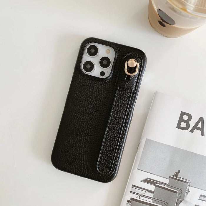 For iPhone 15 Pro Case Wristband Kickstand PU Leather + PET Phone Cover - Black - 2