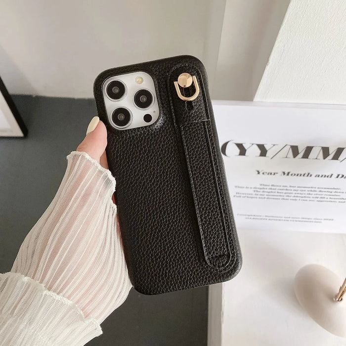 For iPhone 15 Pro Case Wristband Kickstand PU Leather + PET Phone Cover - Black - 5