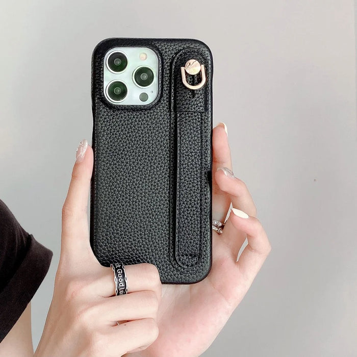 For iPhone 15 Pro Case Wristband Kickstand PU Leather + PET Phone Cover - Black - 7