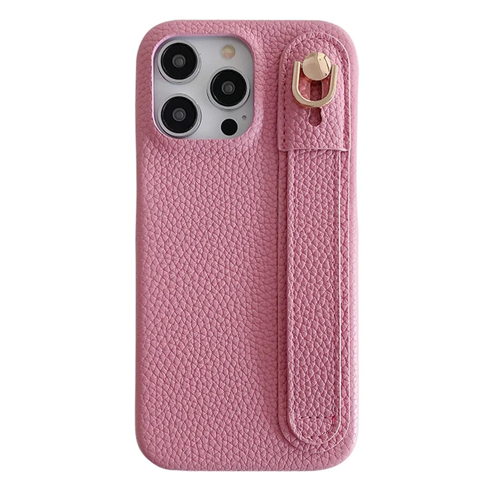 For iPhone 14 Pro Max Case Wristband Kickstand PU Leather + PET Phone Cover - Pink - 1