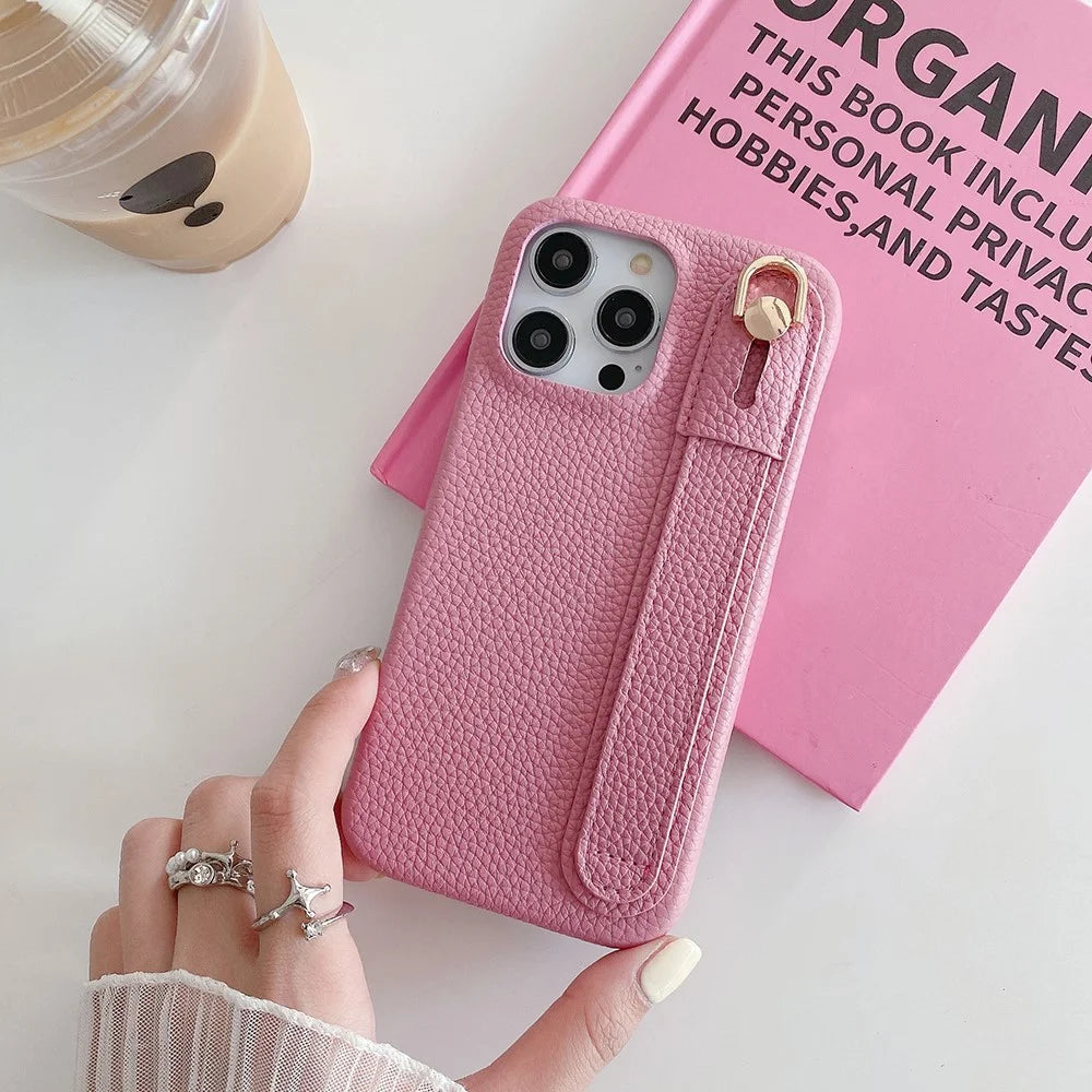 For iPhone 14 Pro Max Case Wristband Kickstand PU Leather + PET Phone Cover - Pink - 2