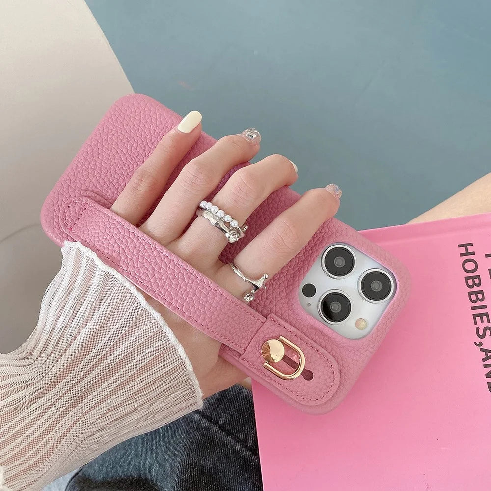 For iPhone 14 Pro Max Case Wristband Kickstand PU Leather + PET Phone Cover - Pink - 5