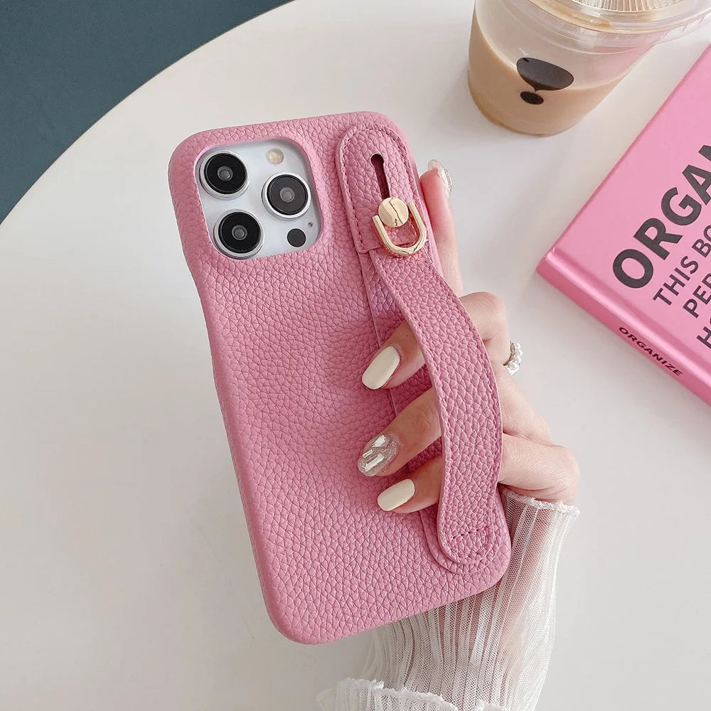 For iPhone 14 Pro Max Case Wristband Kickstand PU Leather + PET Phone Cover - Pink - 6