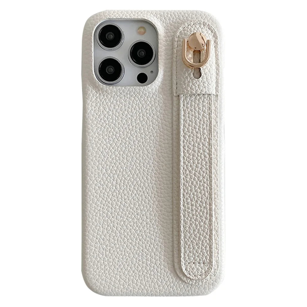 For iPhone 14 Pro Case Wristband Kickstand PU Leather + PET Phone Cover - White - 1