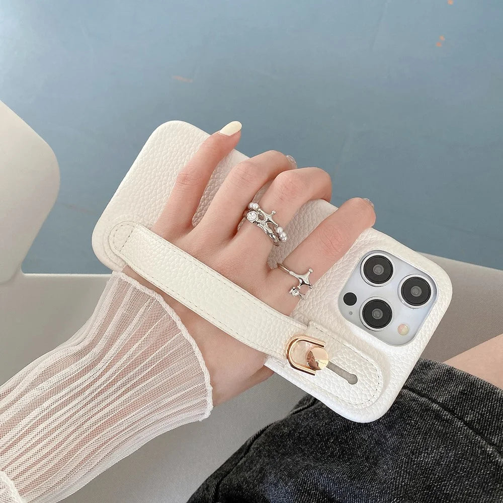 For iPhone 14 Pro Case Wristband Kickstand PU Leather + PET Phone Cover - White - 6