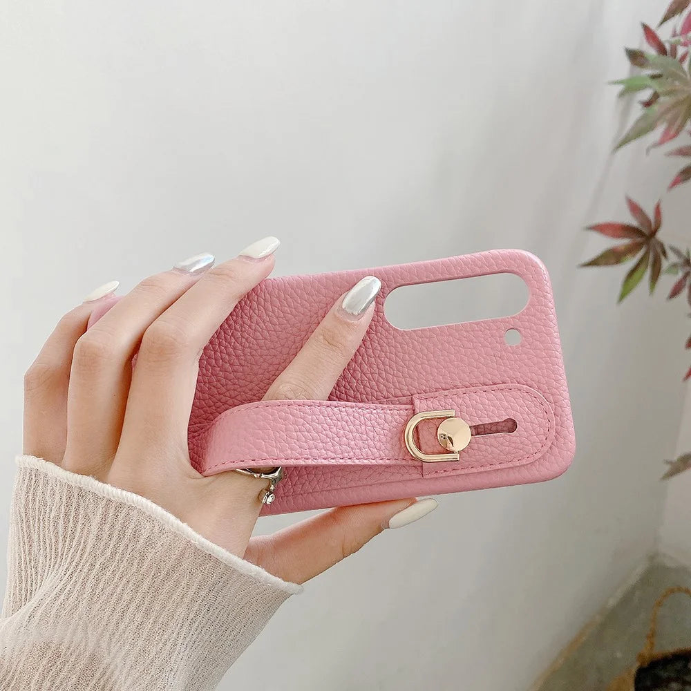 For Samsung Galaxy S23 Case Wristband Kickstand PU Leather + PET Phone Cover - Pink - 5