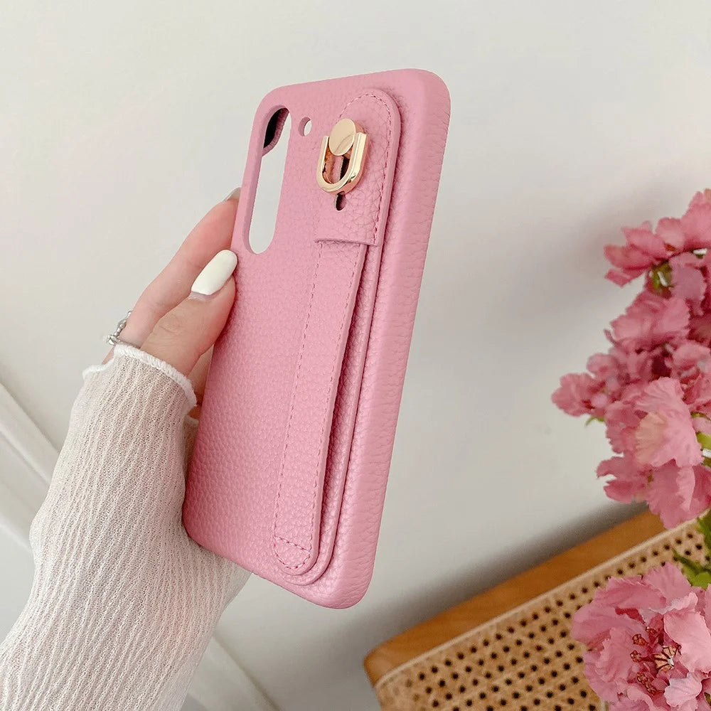 For Samsung Galaxy S23 Case Wristband Kickstand PU Leather + PET Phone Cover - Pink - 7