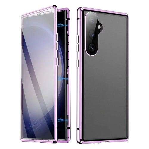 For Samsung Galaxy S24 FE Case Double Sides Tempered Glass+Metal Magnetic Phone Cover with Buckle - Purple - 1