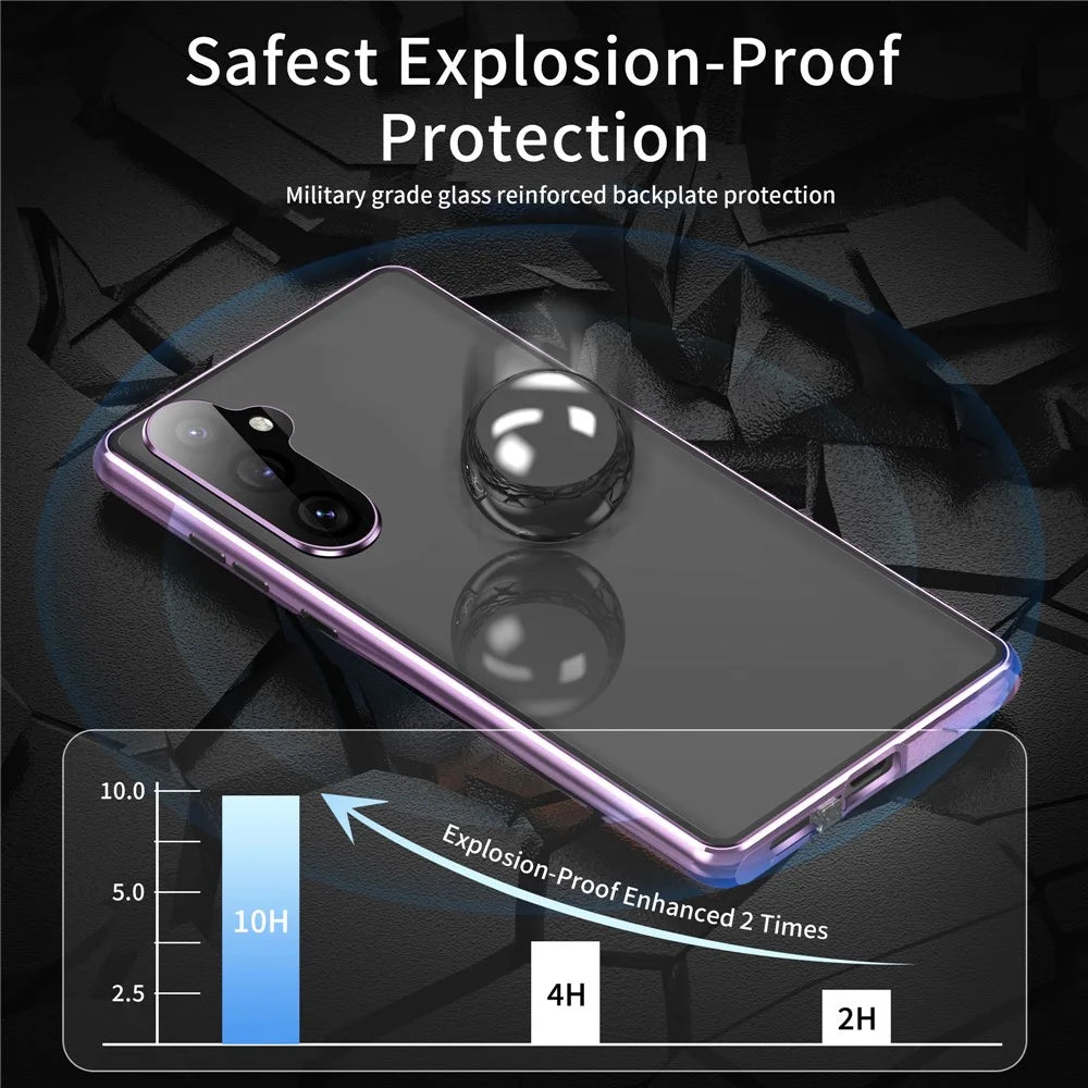 For Samsung Galaxy S24 FE Case Double Sides Tempered Glass+Metal Magnetic Phone Cover with Buckle - Purple - 3
