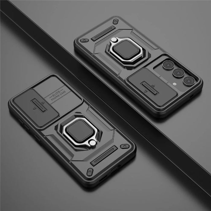 For Samsung Galaxy A36 5G Case PC+TPU Kickstand Phone Protector with Lens Cover - Black - 6