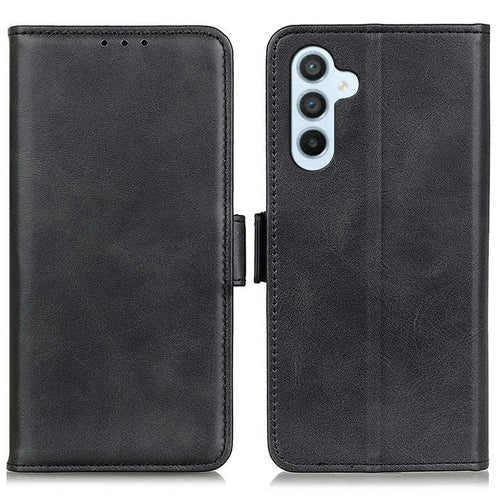 For Samsung Galaxy A56 5G Case Stand Cowhide Texture PU Leather Phone Cover - Black - 1