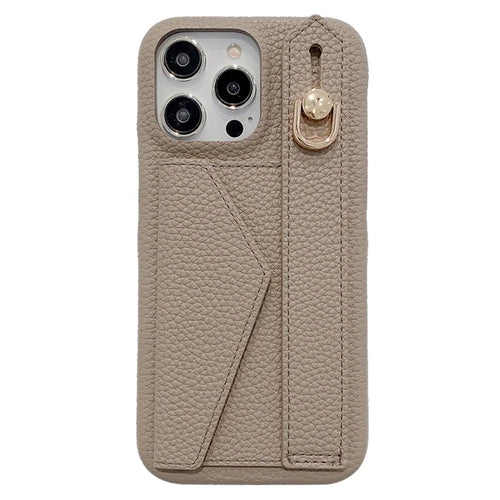 For iPhone 14 Pro Max Case with Card Slot Wristband Kickstand PU Leather+PET Phone Cover - Grey - 1