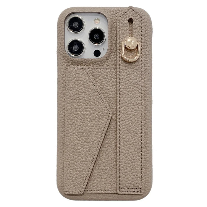 For iPhone 14 Pro Max Case with Card Slot Wristband Kickstand PU Leather+PET Phone Cover - Grey - 1