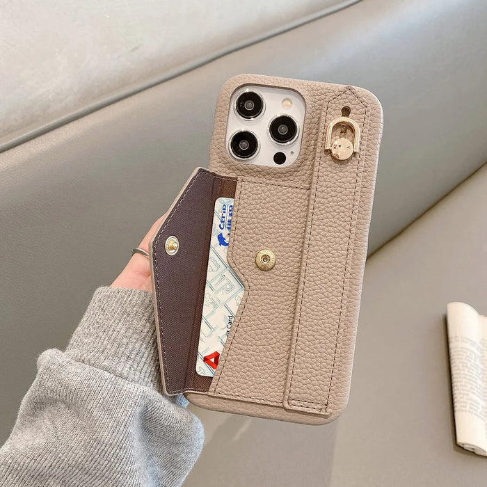 For iPhone 14 Pro Max Case with Card Slot Wristband Kickstand PU Leather+PET Phone Cover - Grey - 5