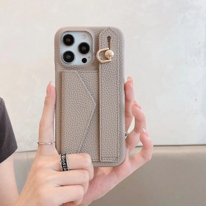 For iPhone 14 Pro Max Case with Card Slot Wristband Kickstand PU Leather+PET Phone Cover - Grey - 7