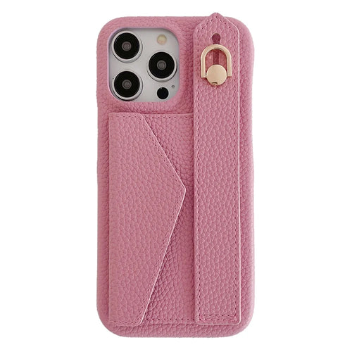 For iPhone 15 Pro Max Case with Card Slot Wristband Kickstand PU Leather+PET Phone Cover - Pink - 1