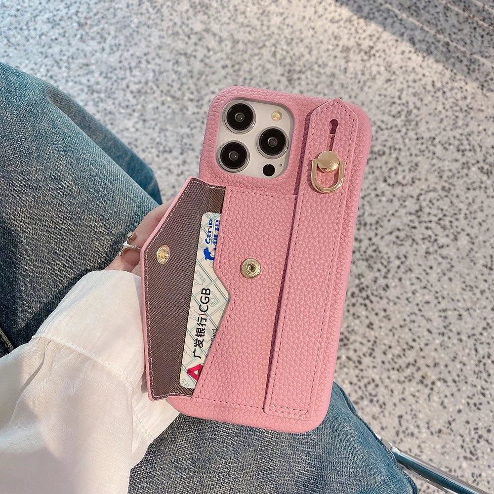 For iPhone 15 Pro Max Case with Card Slot Wristband Kickstand PU Leather+PET Phone Cover - Pink - 2