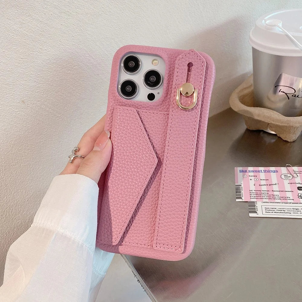 For iPhone 15 Pro Max Case with Card Slot Wristband Kickstand PU Leather+PET Phone Cover - Pink - 3
