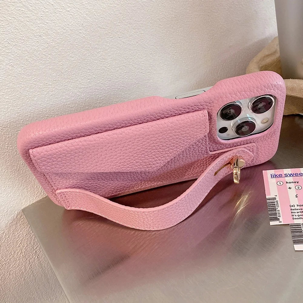 For iPhone 15 Pro Max Case with Card Slot Wristband Kickstand PU Leather+PET Phone Cover - Pink - 4