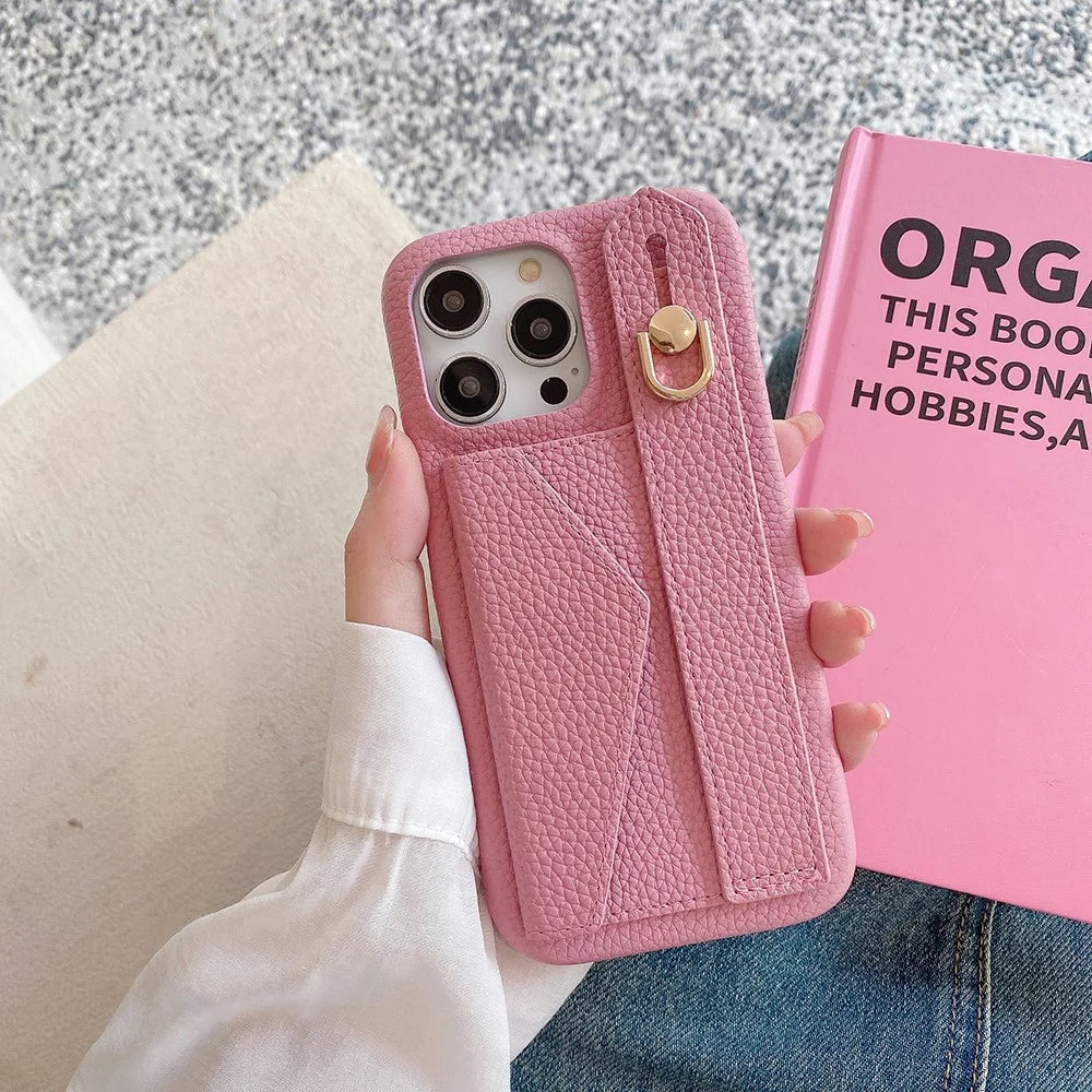 For iPhone 15 Pro Max Case with Card Slot Wristband Kickstand PU Leather+PET Phone Cover - Pink - 5