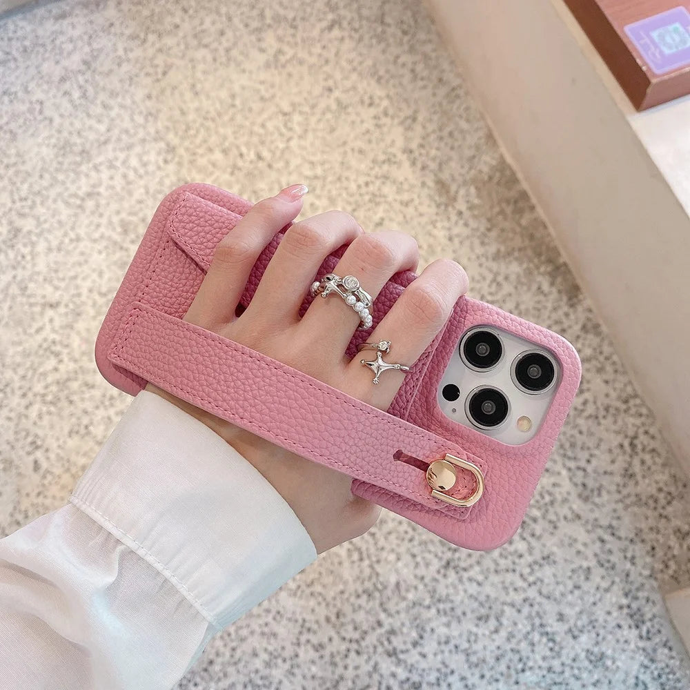For iPhone 15 Pro Max Case with Card Slot Wristband Kickstand PU Leather+PET Phone Cover - Pink - 6