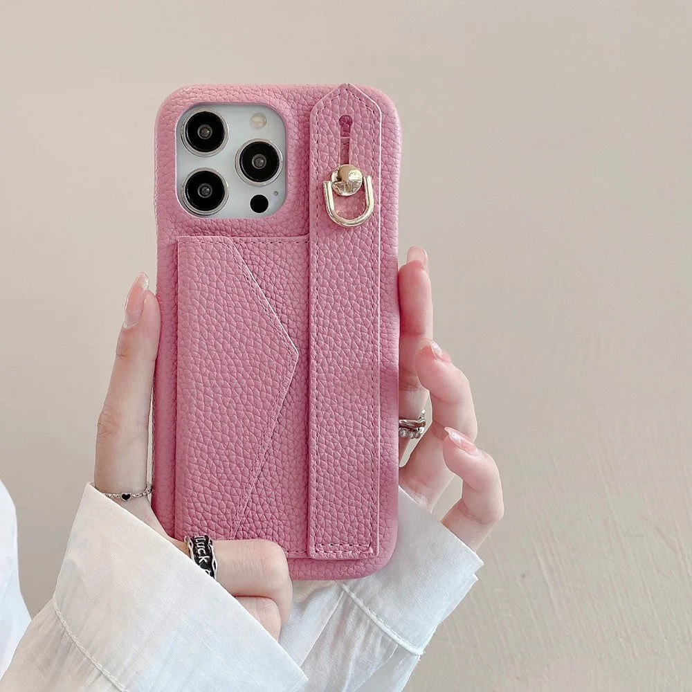 For iPhone 15 Pro Max Case with Card Slot Wristband Kickstand PU Leather+PET Phone Cover - Pink - 7