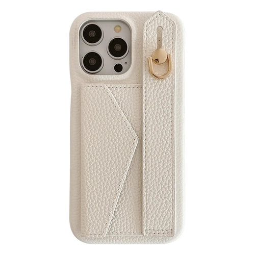 For iPhone 15 Pro Case with Card Slot Wristband Kickstand PU Leather+PET Phone Cover - White - 1