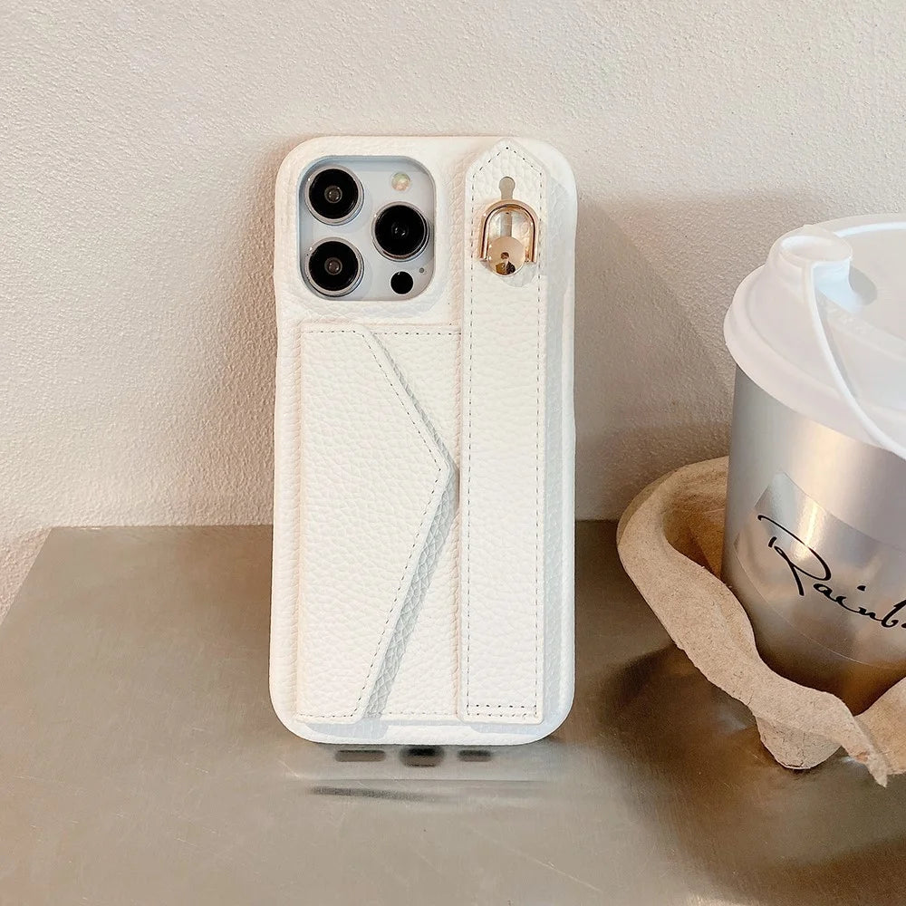 For iPhone 15 Pro Case with Card Slot Wristband Kickstand PU Leather+PET Phone Cover - White - 2