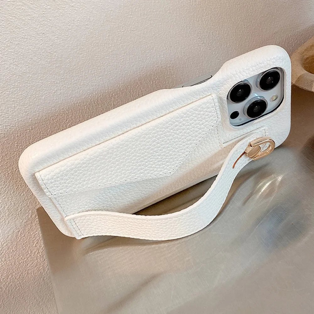 For iPhone 15 Pro Case with Card Slot Wristband Kickstand PU Leather+PET Phone Cover - White - 3