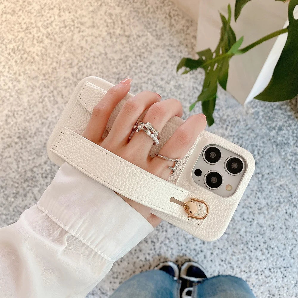 For iPhone 15 Pro Case with Card Slot Wristband Kickstand PU Leather+PET Phone Cover - White - 5