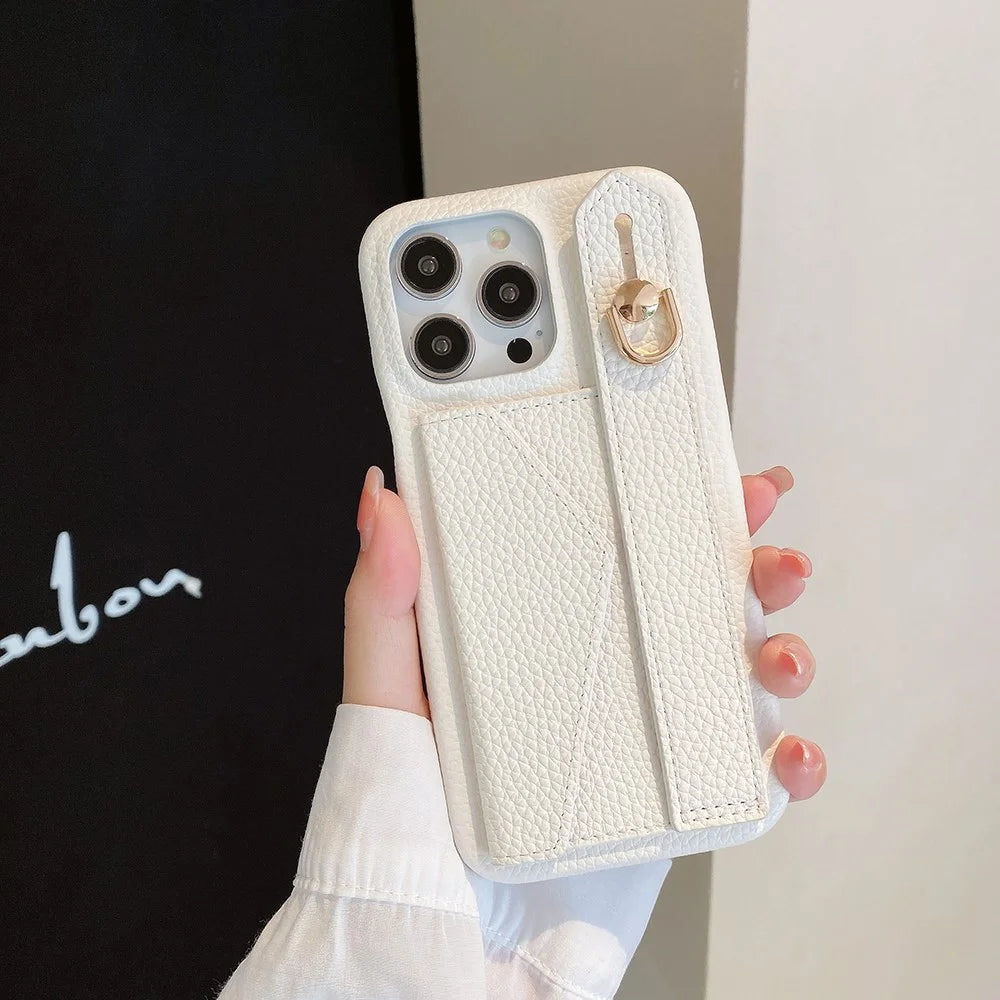 For iPhone 15 Pro Case with Card Slot Wristband Kickstand PU Leather+PET Phone Cover - White - 6