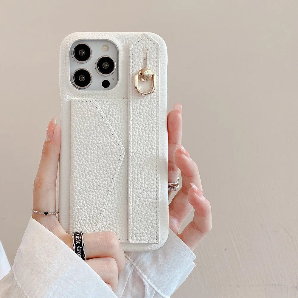 For iPhone 15 Pro Case with Card Slot Wristband Kickstand PU Leather+PET Phone Cover - White - 7