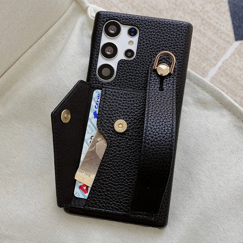 For Samsung Galaxy S24 Ultra Case with Card Slot Wristband Kickstand PU Leather+PET Phone Cover - Black - 2