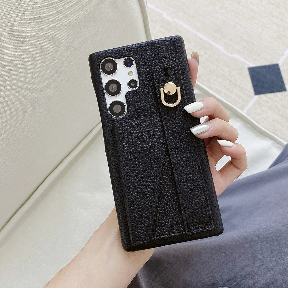 For Samsung Galaxy S24 Ultra Case with Card Slot Wristband Kickstand PU Leather+PET Phone Cover - Black - 4
