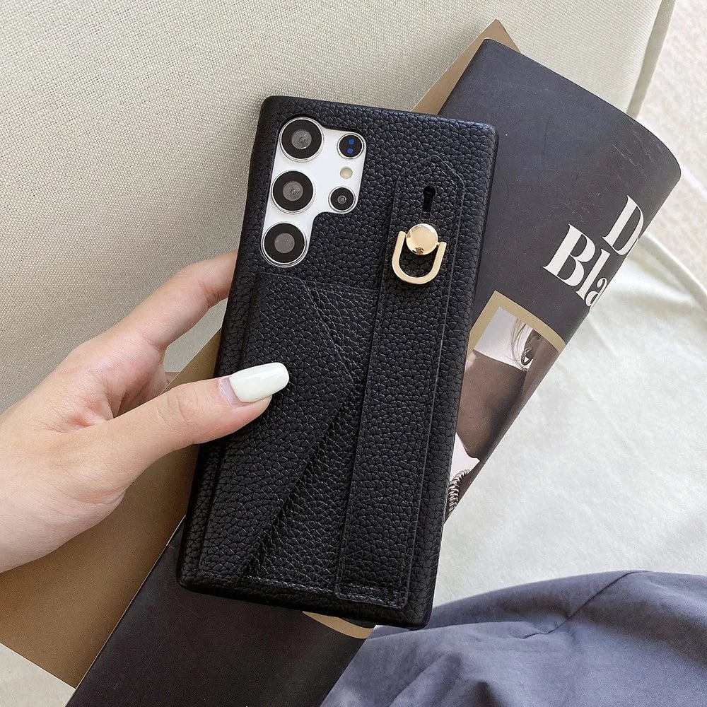 For Samsung Galaxy S24 Ultra Case with Card Slot Wristband Kickstand PU Leather+PET Phone Cover - Black - 5
