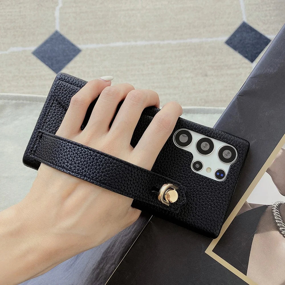 For Samsung Galaxy S24 Ultra Case with Card Slot Wristband Kickstand PU Leather+PET Phone Cover - Black - 7