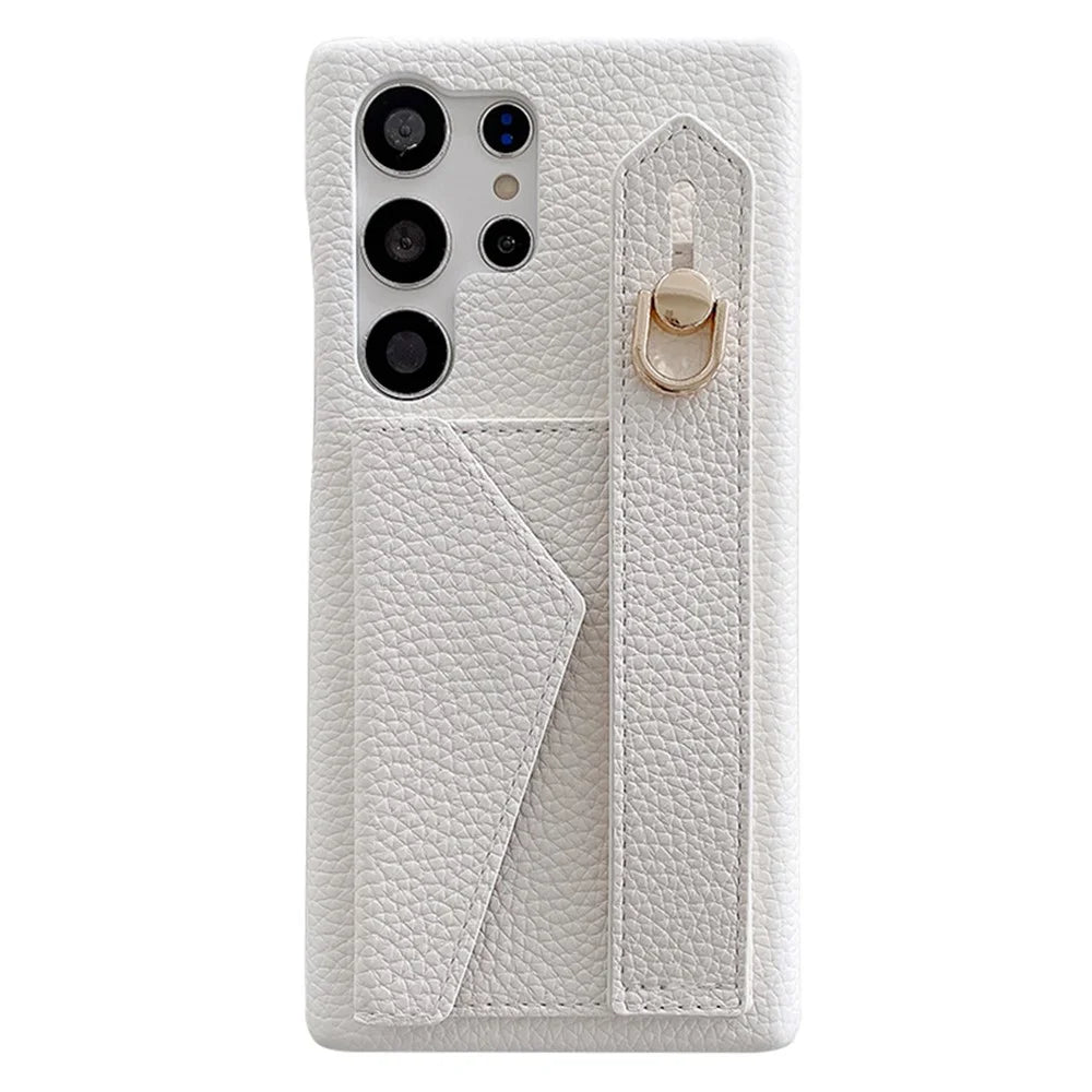 For Samsung Galaxy S25 Ultra Case with Card Slot Wristband Kickstand PU Leather+PET Phone Cover - White - 1