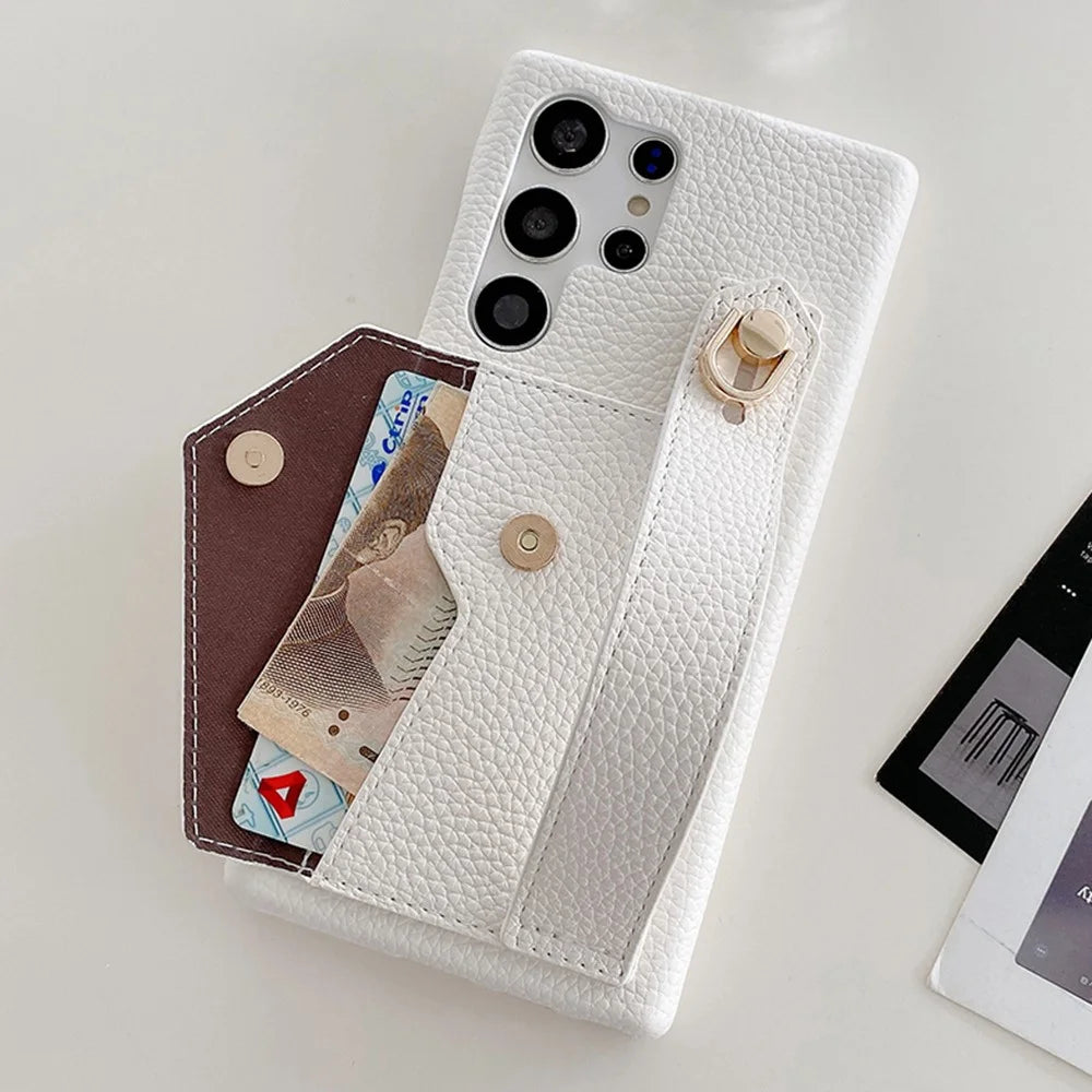 For Samsung Galaxy S25 Ultra Case with Card Slot Wristband Kickstand PU Leather+PET Phone Cover - White - 2