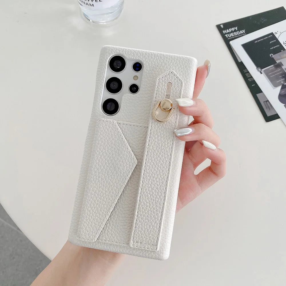 For Samsung Galaxy S25 Ultra Case with Card Slot Wristband Kickstand PU Leather+PET Phone Cover - White - 3