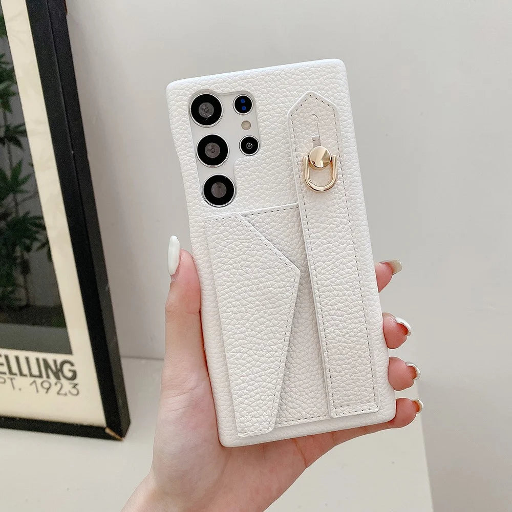 For Samsung Galaxy S25 Ultra Case with Card Slot Wristband Kickstand PU Leather+PET Phone Cover - White - 5