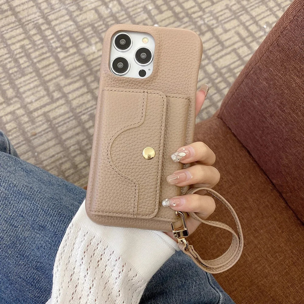 For iPhone 14 Pro Max Case Mirror Design PU Leather Back Cover with Card Slots, Wrist Strap - Light Brown - 1