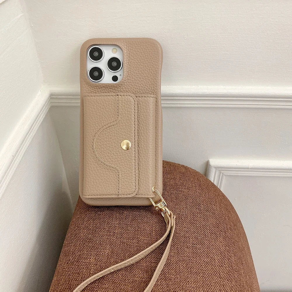 For iPhone 14 Pro Max Case Mirror Design PU Leather Back Cover with Card Slots, Wrist Strap - Light Brown - 2
