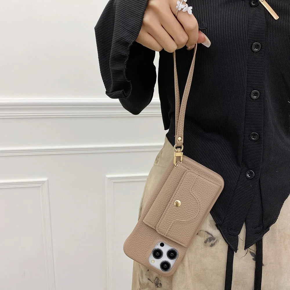 For iPhone 14 Pro Max Case Mirror Design PU Leather Back Cover with Card Slots, Wrist Strap - Light Brown - 5