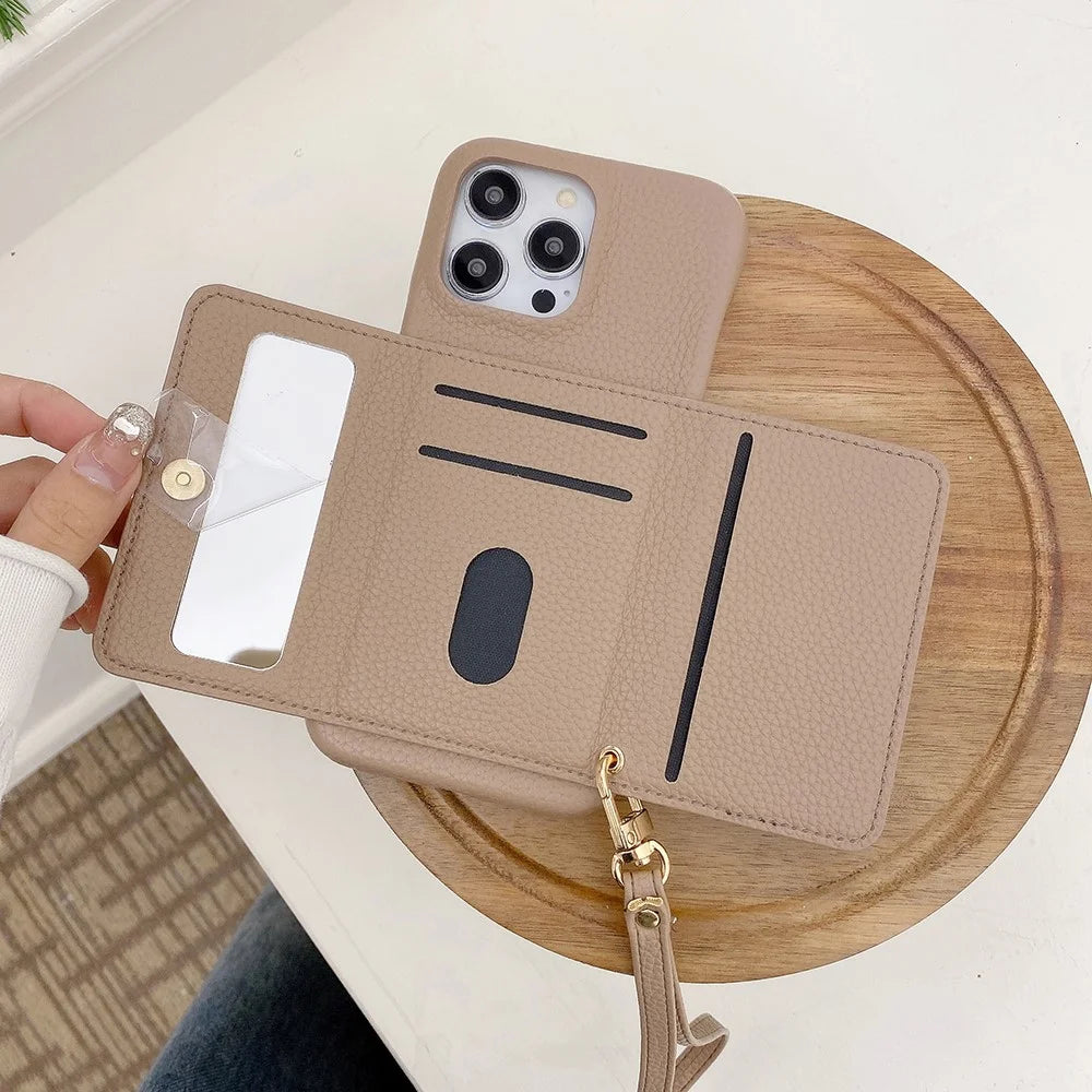 For iPhone 14 Pro Max Case Mirror Design PU Leather Back Cover with Card Slots, Wrist Strap - Light Brown - 6