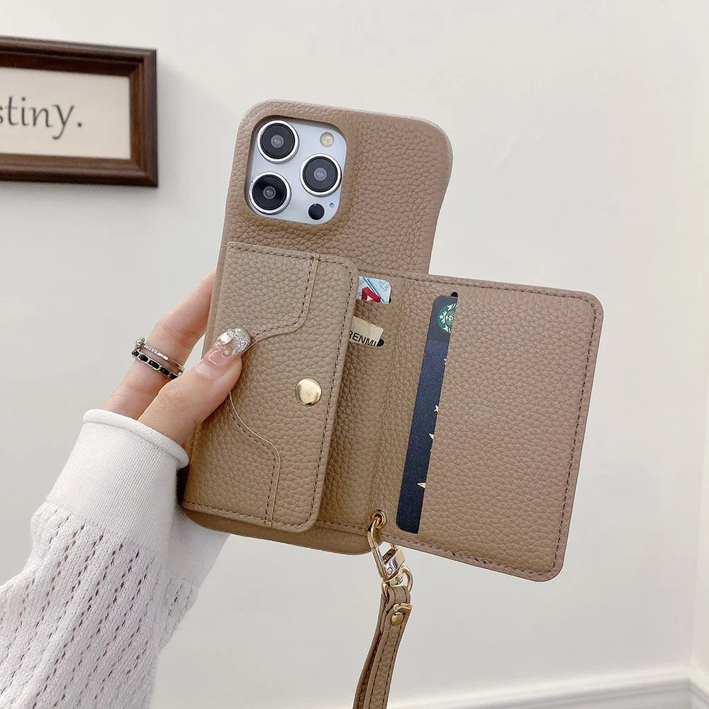 For iPhone 14 Pro Max Case Mirror Design PU Leather Back Cover with Card Slots, Wrist Strap - Light Brown - 7