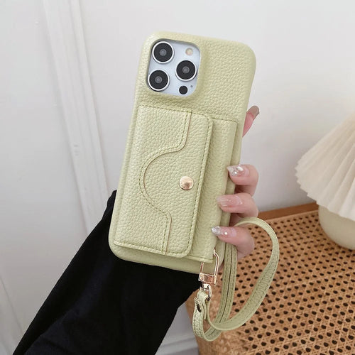 For iPhone 14 Pro Case Mirror Design PU Leather Back Cover with Card Slots, Wrist Strap - Green - 1