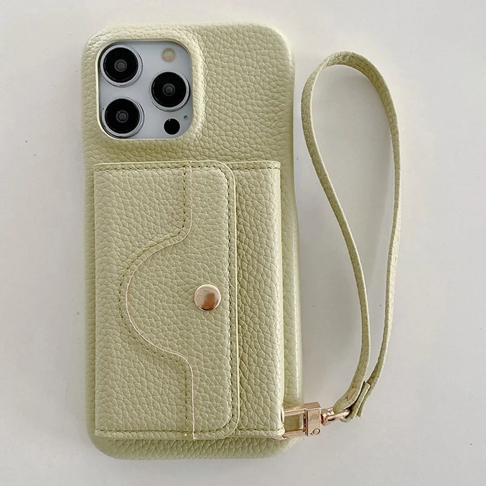 For iPhone 14 Pro Case Mirror Design PU Leather Back Cover with Card Slots, Wrist Strap - Green - 2