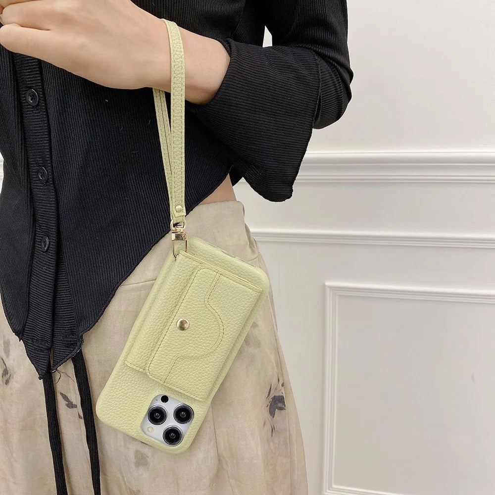 For iPhone 14 Pro Case Mirror Design PU Leather Back Cover with Card Slots, Wrist Strap - Green - 5