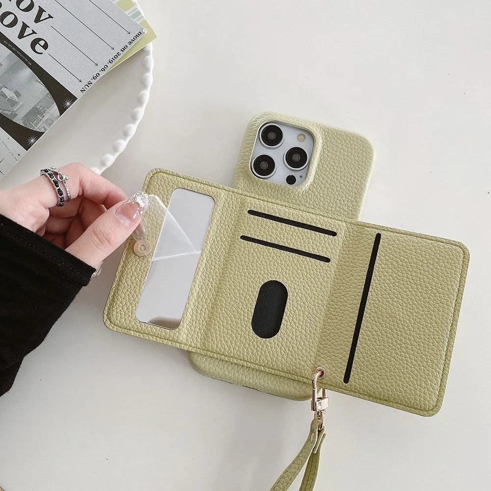 For iPhone 14 Pro Case Mirror Design PU Leather Back Cover with Card Slots, Wrist Strap - Green - 6