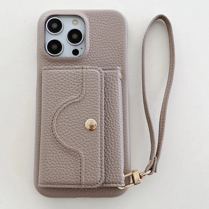For iPhone 13 Pro Max Case Mirror Design PU Leather Back Cover with Card Slots, Wrist Strap - Grey - 2